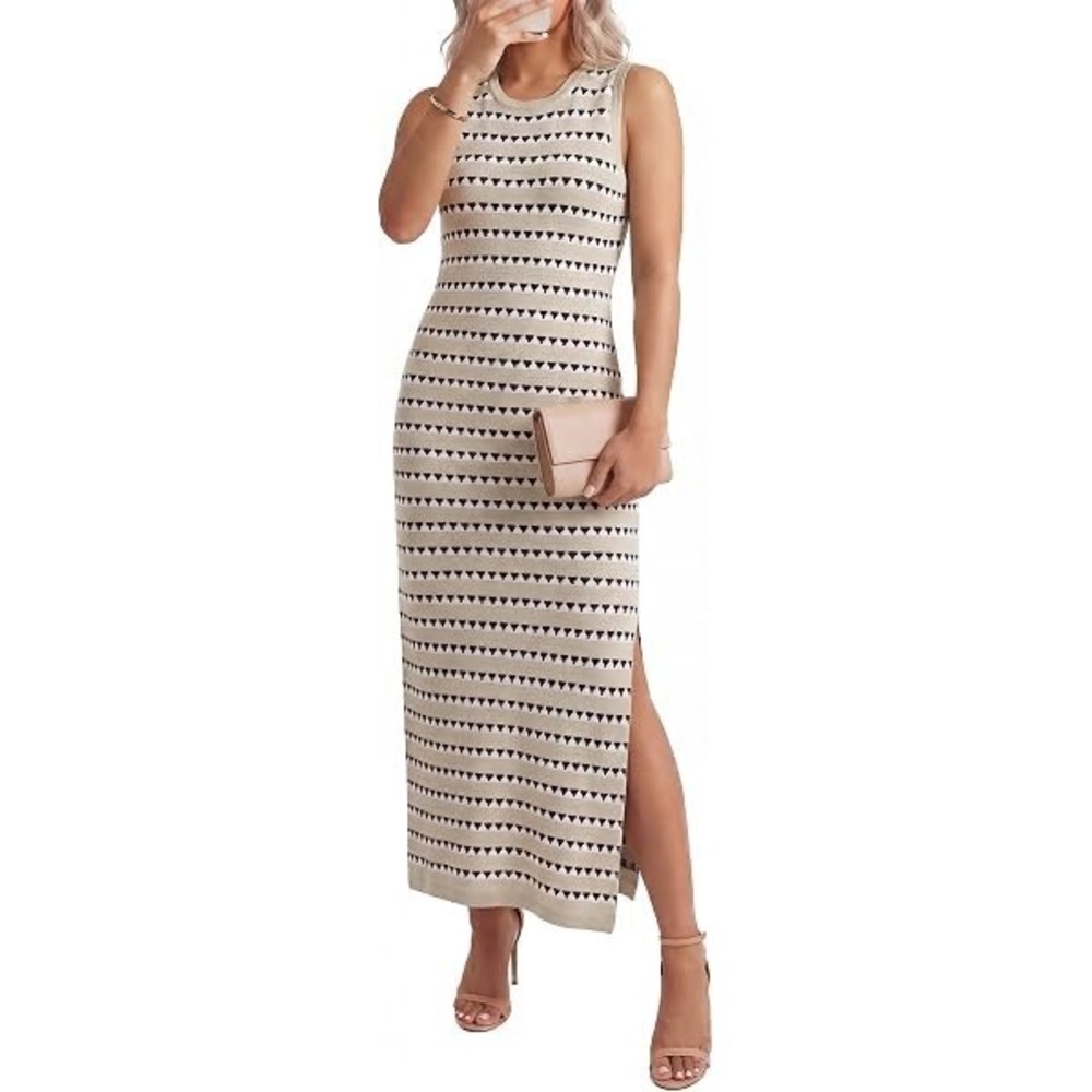 Geometric Triangle Striped Knit Maxi Dress Sleeveless Crew Neck Side Slit XL